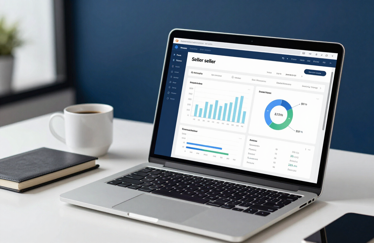 Laptop showing an Amazon seller account dashboard with account health metrics