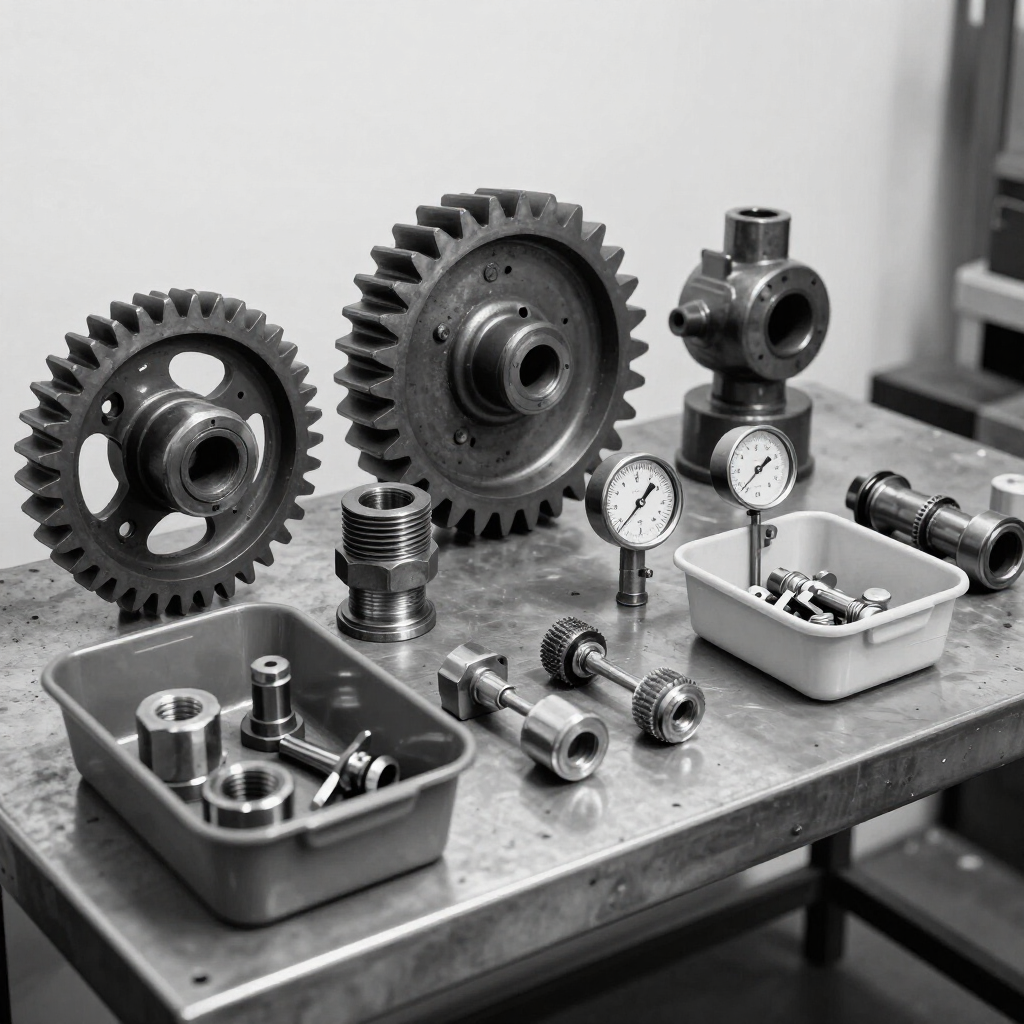 Black and white photo of industrial surplus parts, gears, and gauges
