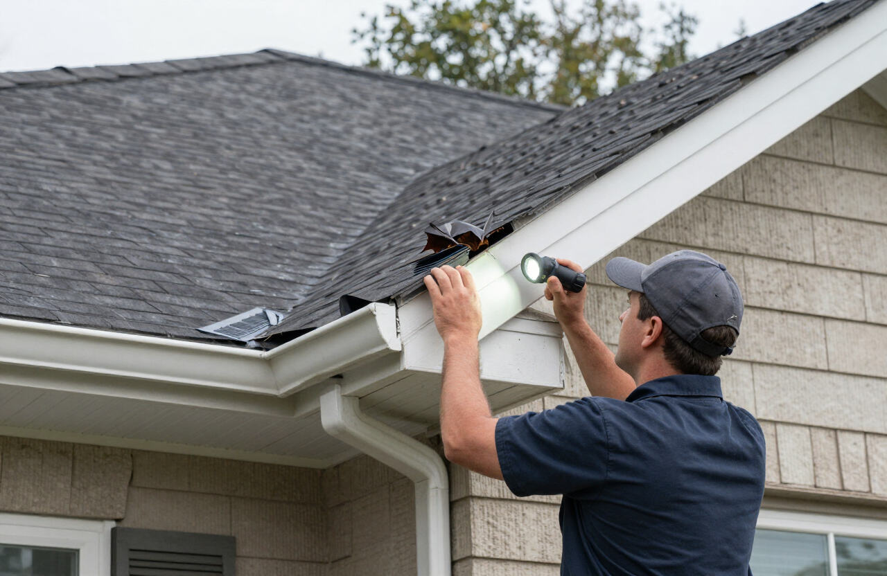 Professional inspection of soffits, roof gaps and vents where bats could enter on a Houston home