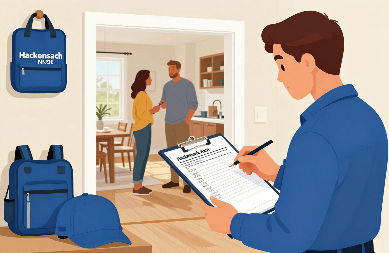 Illustrative painting contractor reviewing a written itemized estimate with a homeowner inside a Hackensack NJ home