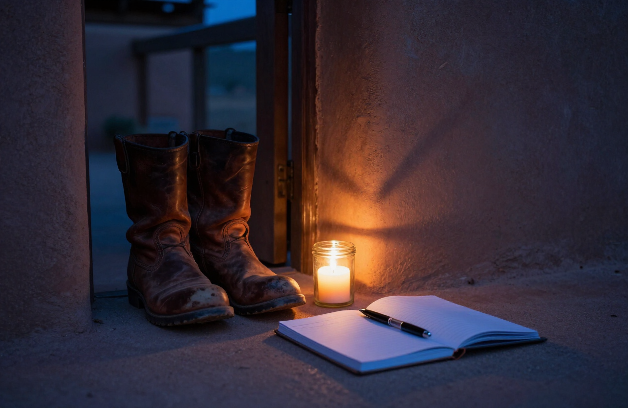 Work boots by the door before light, a lit candle and an open journal beside them.