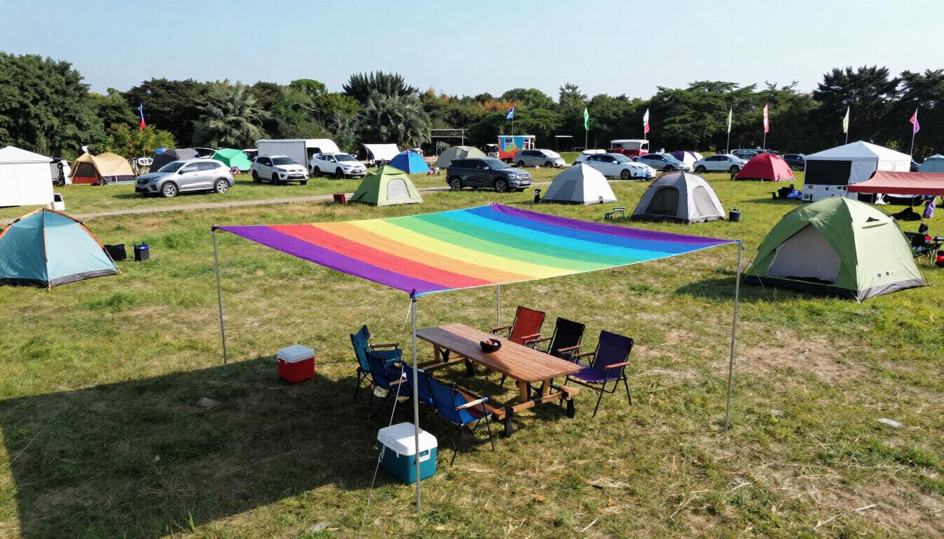 Aerial view of a camping festival plot with a colorful rainbow-striped shade canopy, camp chairs, coolers, and tents pitched in a grassy field
