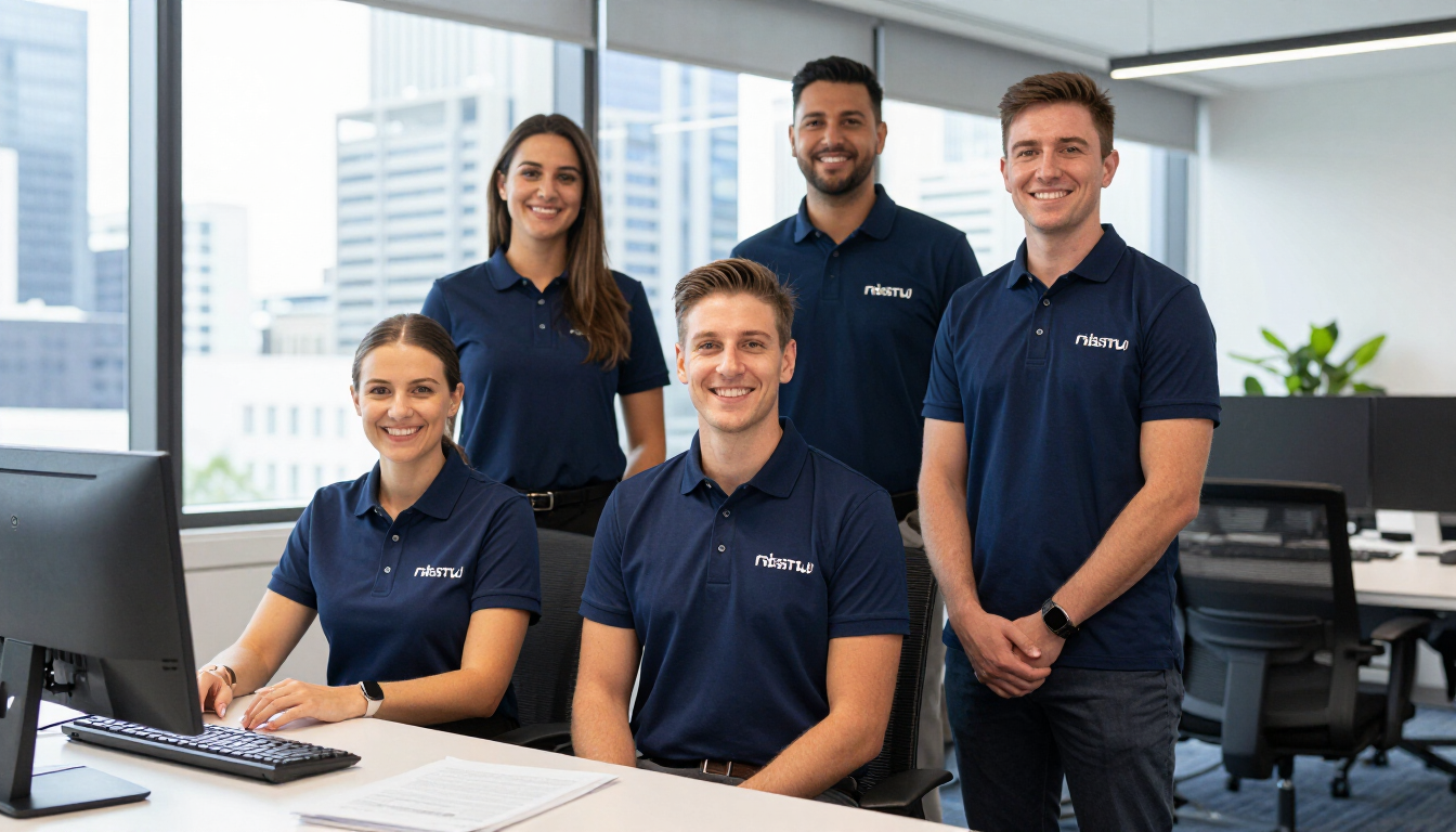 Australian office team wearing branded corporate uniforms in a modern Melbourne workplace