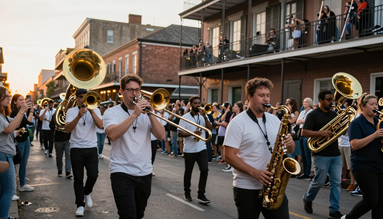 Street brass band parade at golden hour in New Orleans