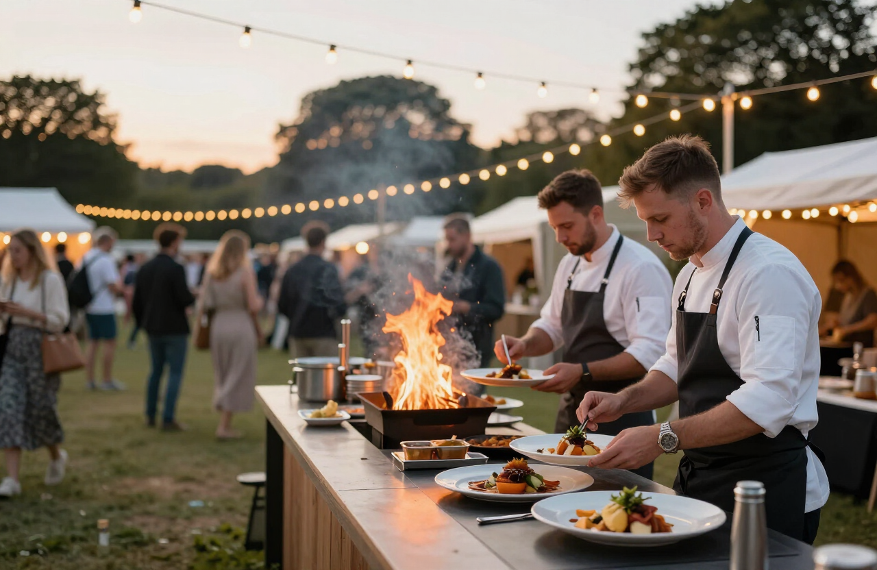Luxury open-fire cooking station at a British summer estate festival at golden hour with string lights