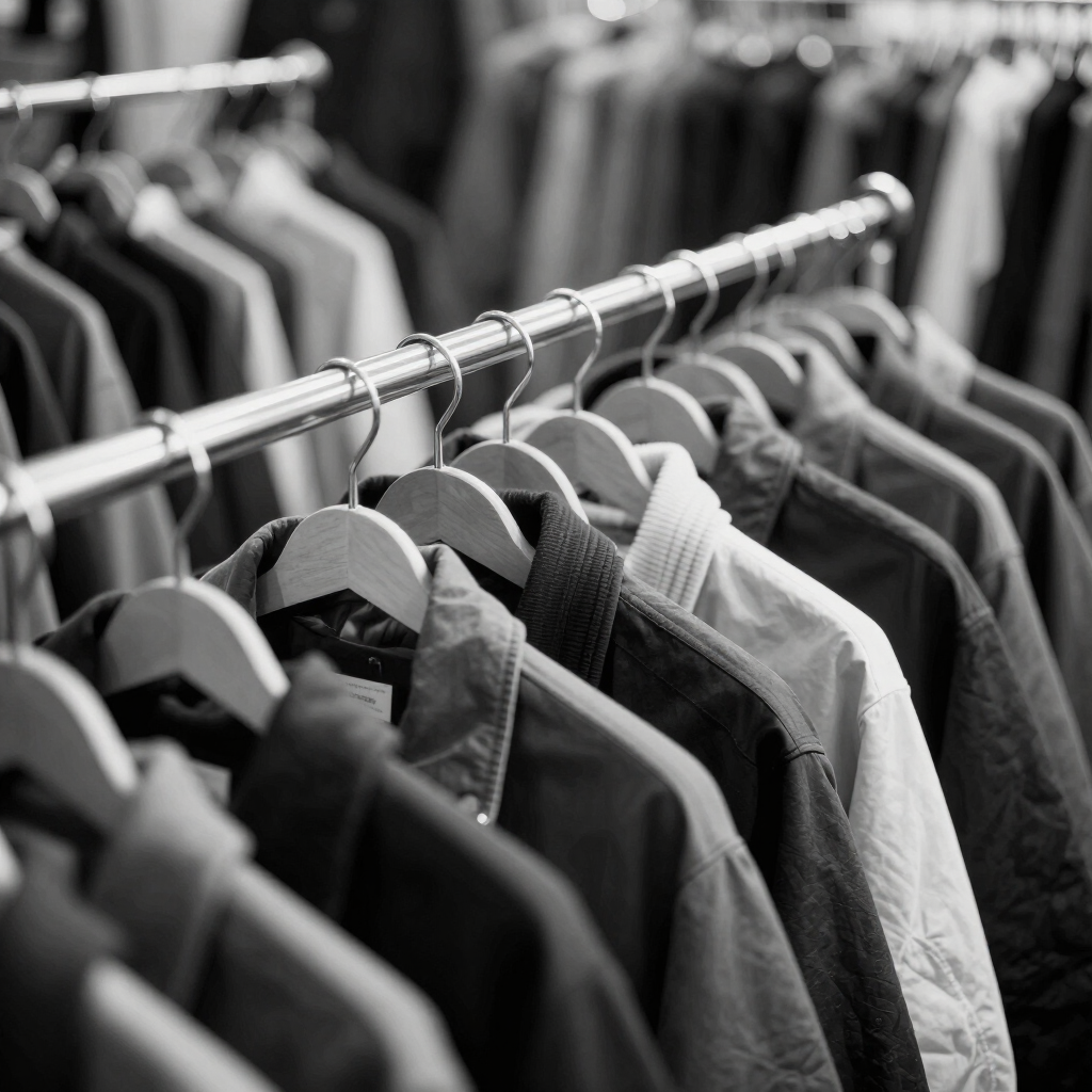 Black and white photo of a clothing rack packed with assorted apparel