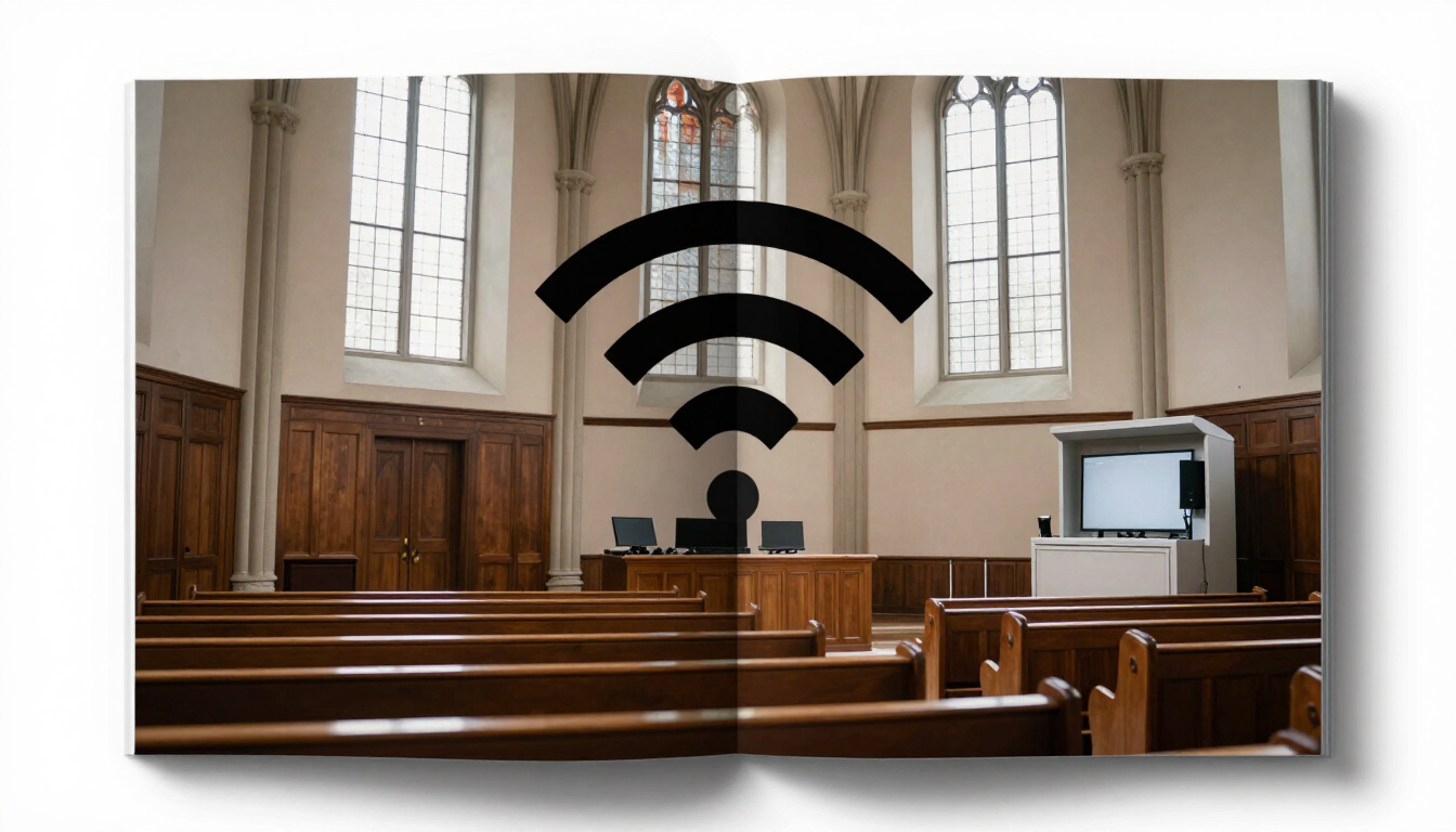 Wi-Fi symbol over the aisle of a church sanctuary