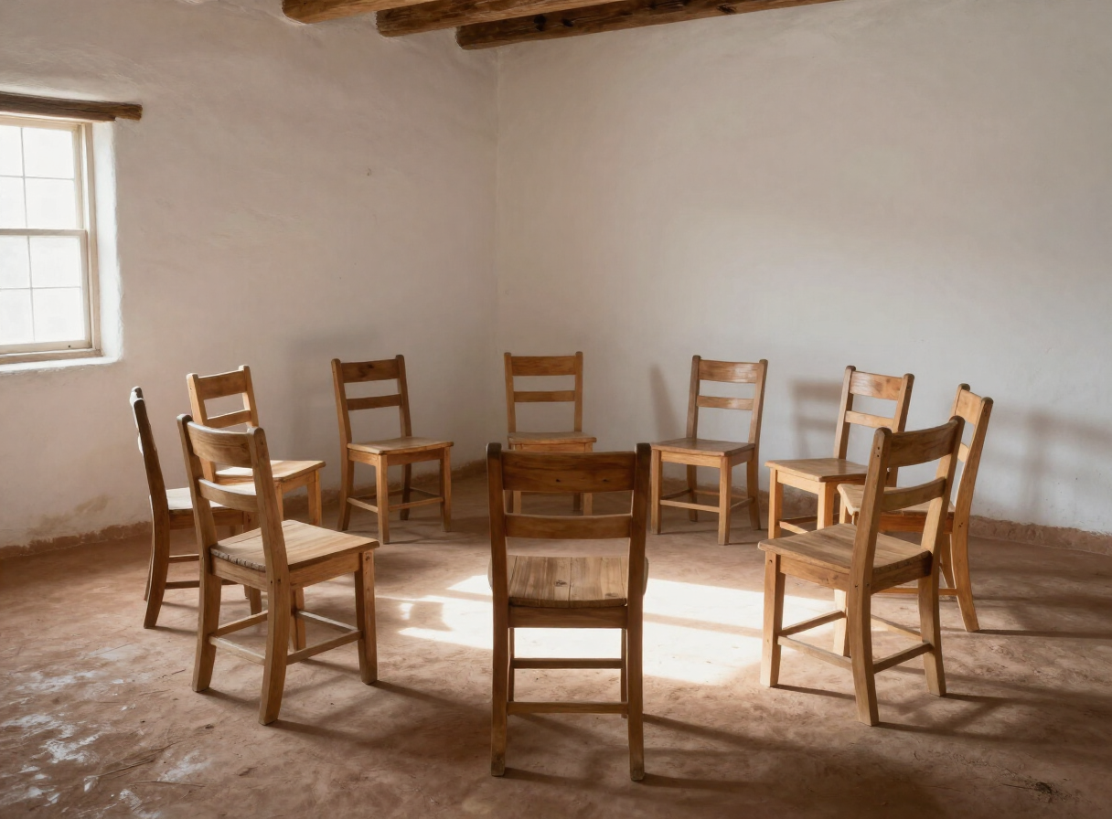 Plain wooden chairs arranged in a circle in a sparse sunlit adobe room, no people.