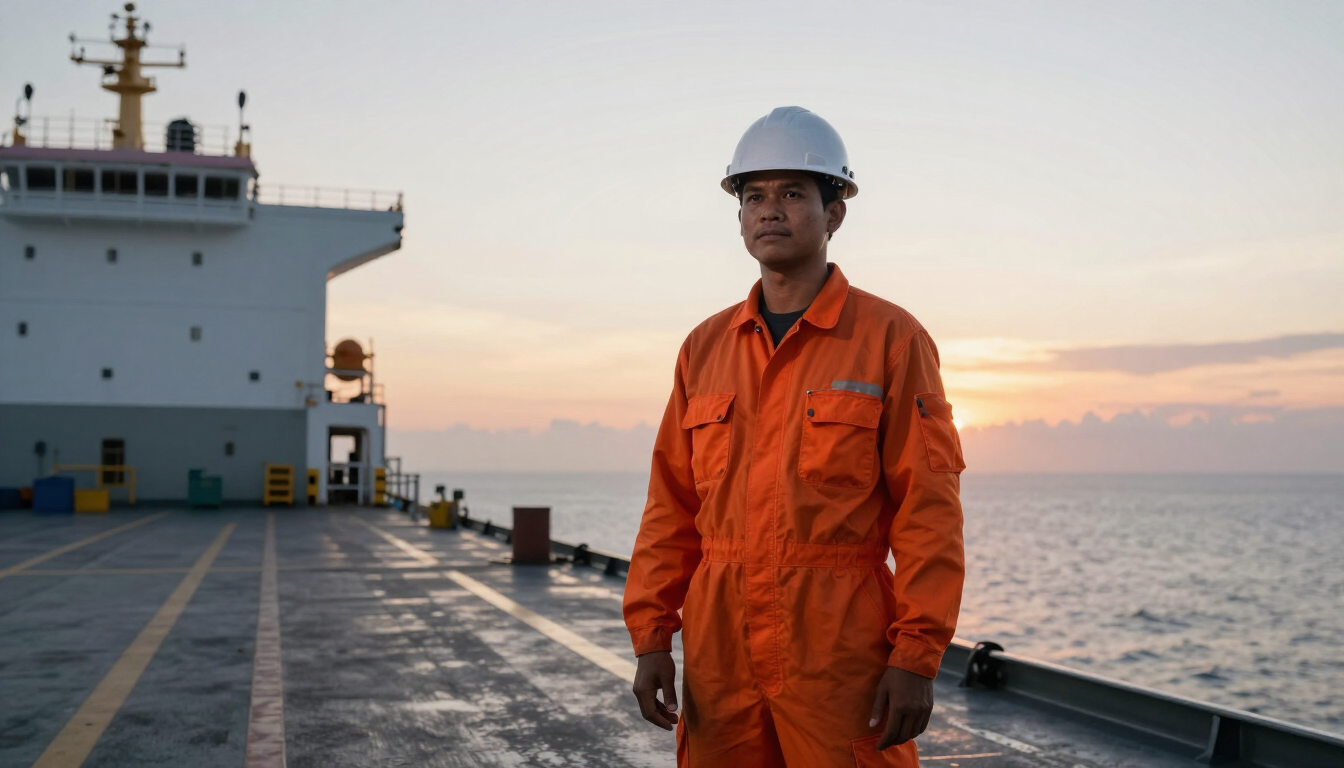 Filipino seafarer on the deck of a cargo ship at sunrise