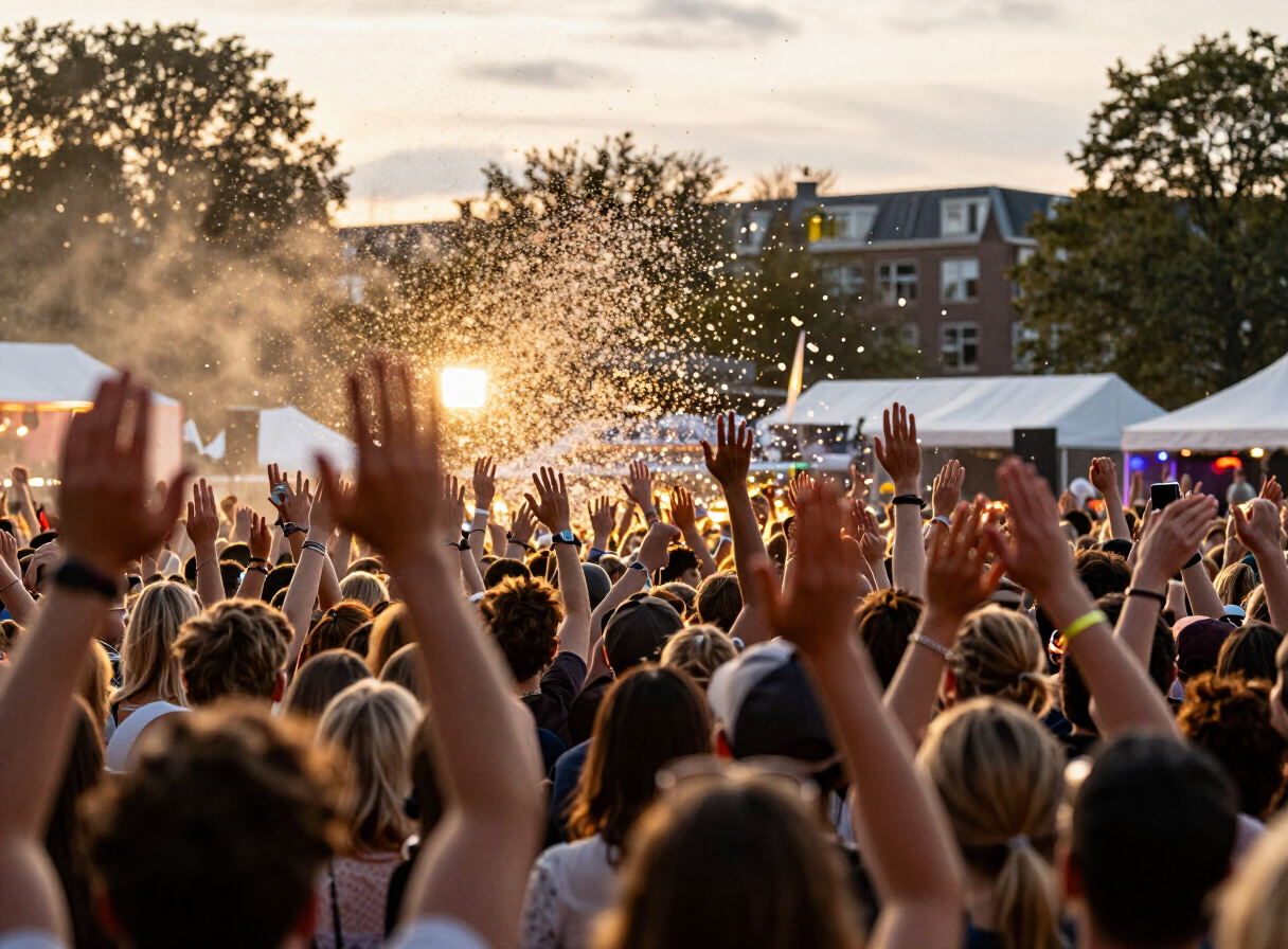 Sea of raised hands and confetti seen from the stage at a Dutch festival
