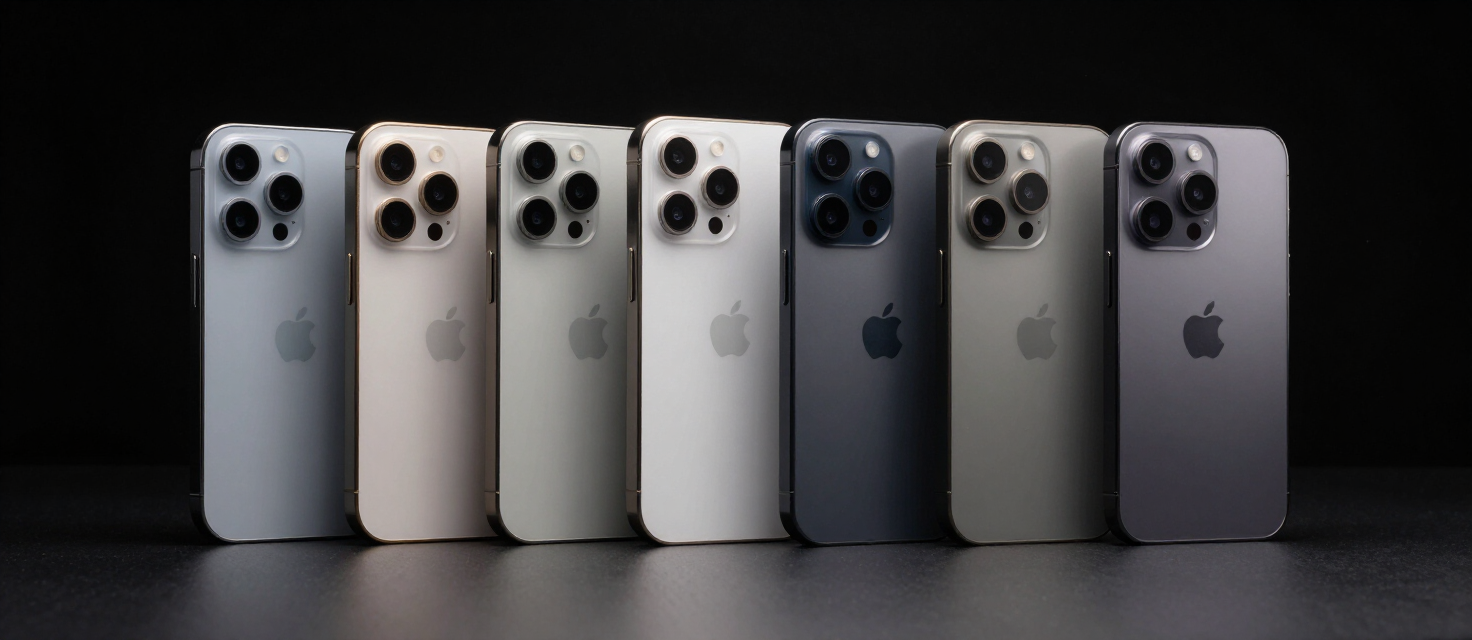 L&iacute;nea de iPhones en acabado titanio sobre fondo oscuro