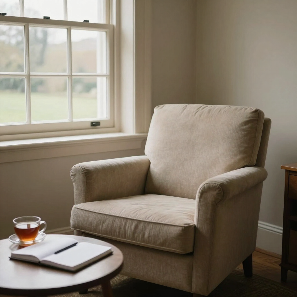 A calm, contemplative therapy room with a single armchair near a window