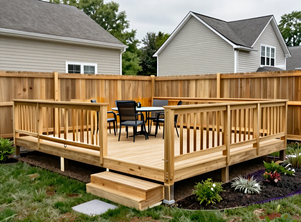 Cedar deck and horizontal privacy fence in a landscaped backyard