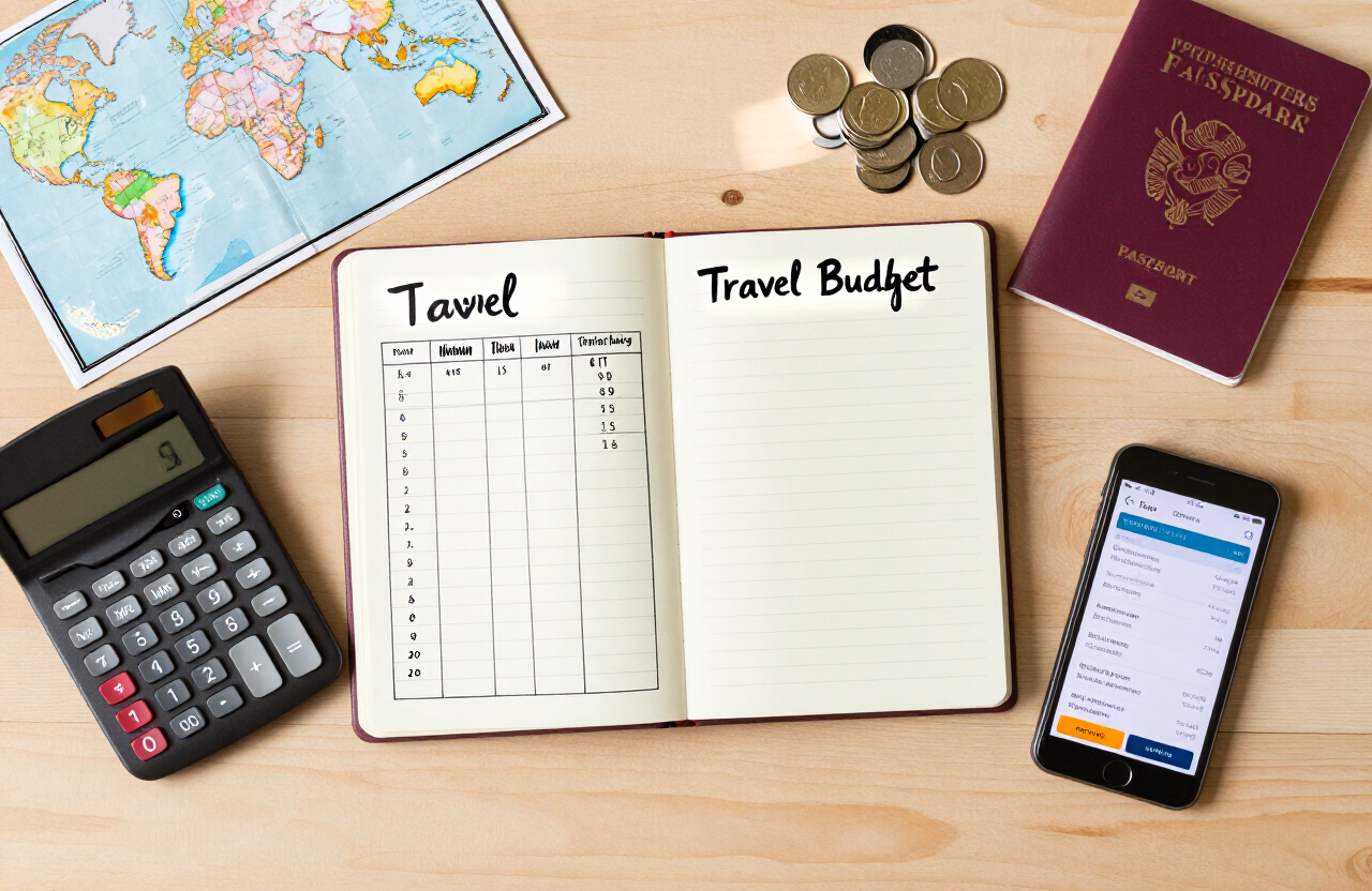 Travel budget planning flat-lay: notebook with budget chart, calculator, coins, passport and a phone showing flight prices on a wooden desk