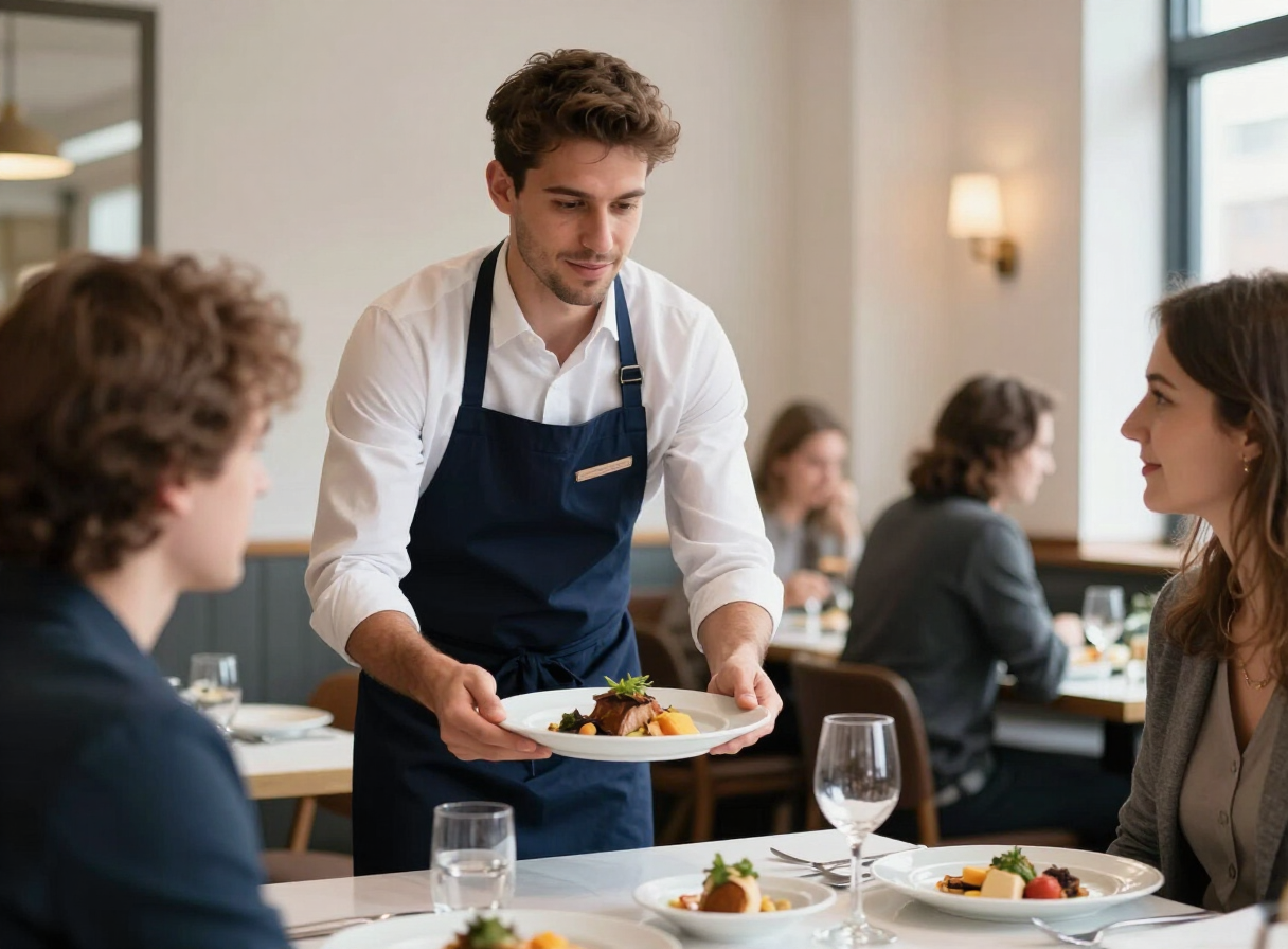 Bediening serveert eten aan tafel