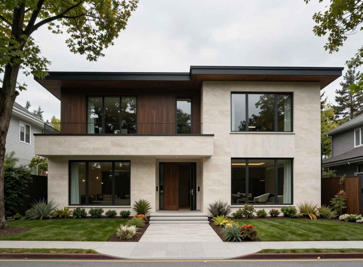 Modern residential architecture with limestone and timber exterior