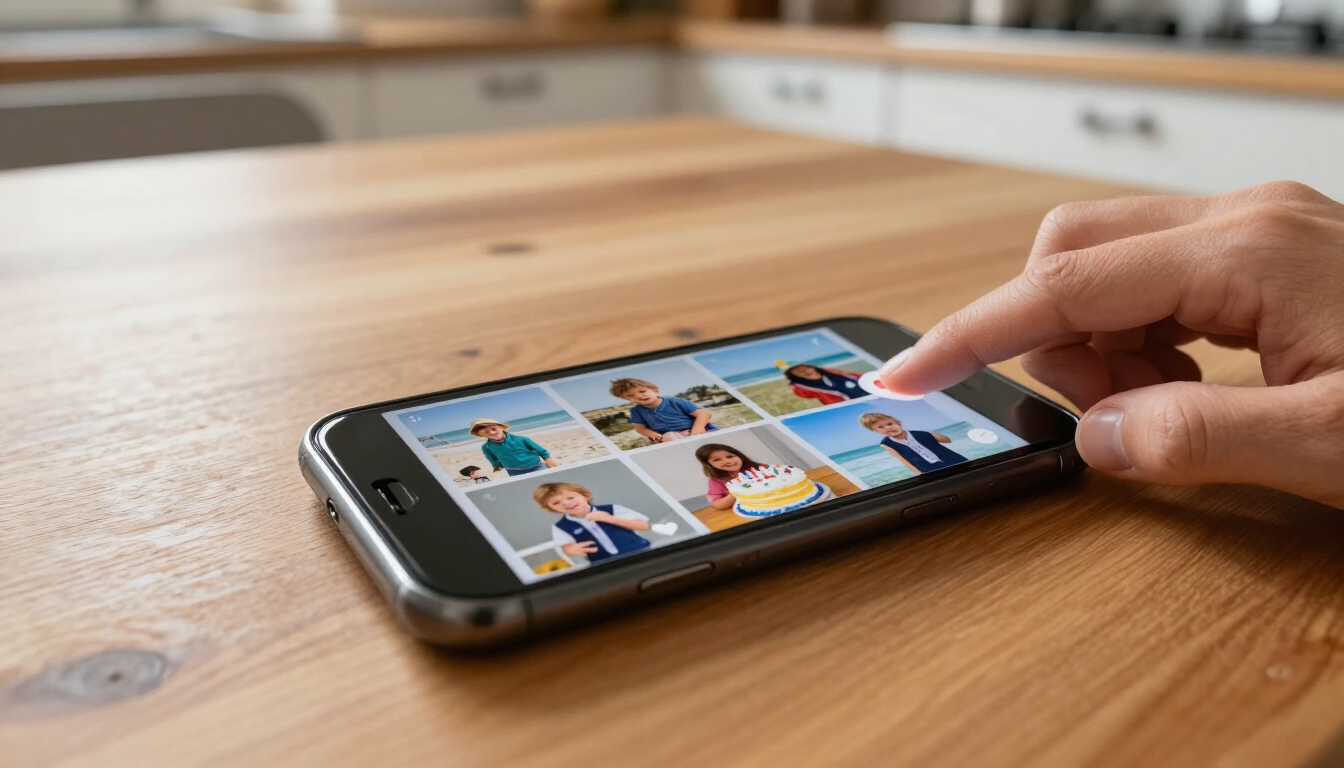 Smartphone auf einem Holztisch mit vielen Familienfotos in der Handygalerie – ein Favorit wird mit einem Herz markiert Smartphone auf einem Holztisch mit vielen Familienfotos in der Handygalerie – ein Favorit wird mit einem Herz markiert