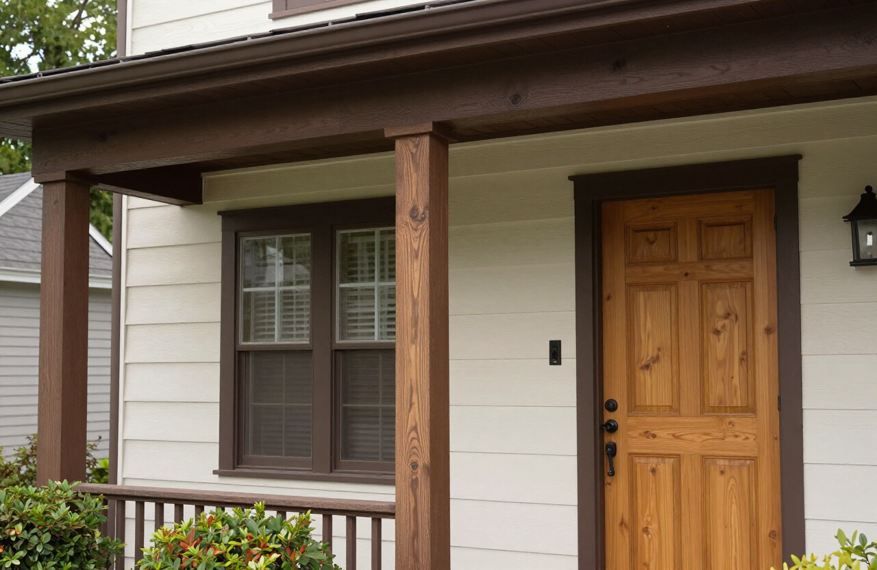 Rutherford NJ Craftsman porch detail with stained wood columns and deep brown trim