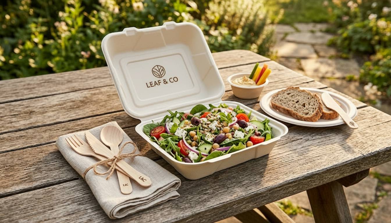 Contoh laser engraving logo custom pada tutup bagasse clamshell dan cutlery kayu — hasil halus dan elegan