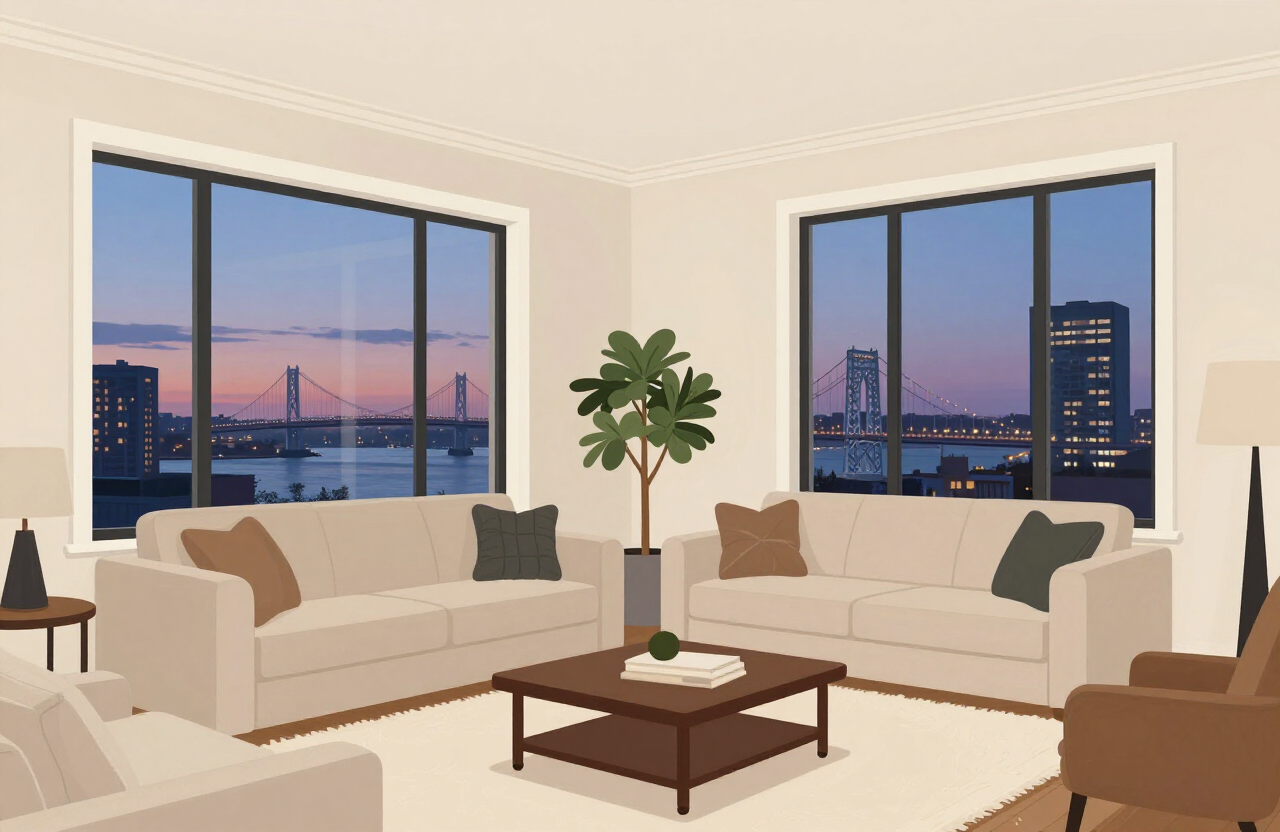 Illustrative finished neutral Fort Lee NJ high-rise condo living room with freshly painted warm off-white walls, crisp white trim, and George Washington Bridge view at dusk