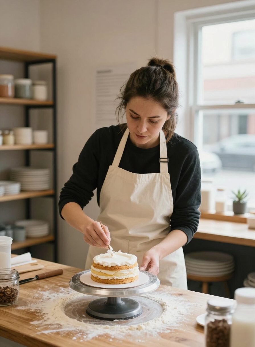 Our baker decorating a cake by hand