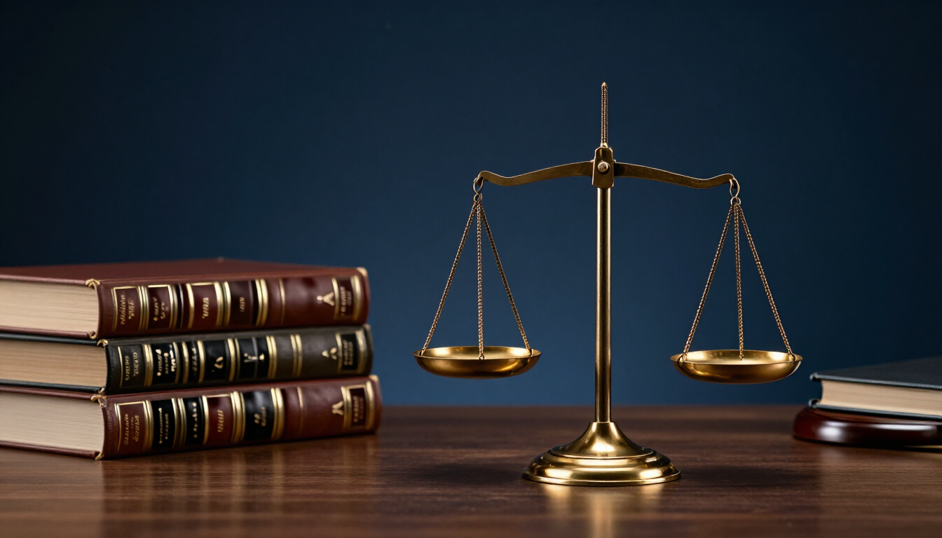 Balanza de la justicia sobre un escritorio con libros de derecho