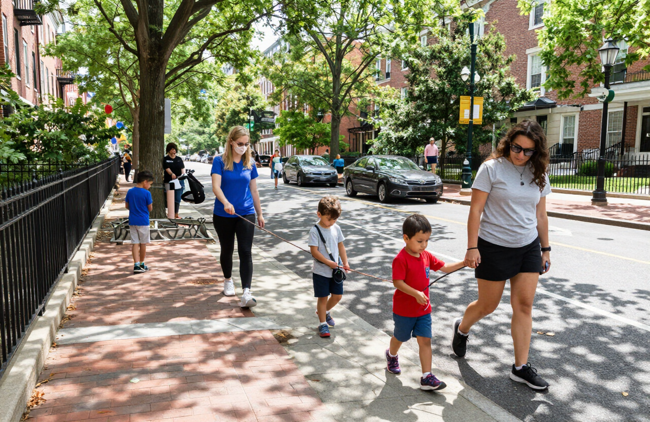 Toddlers walking with teachers near a DC park