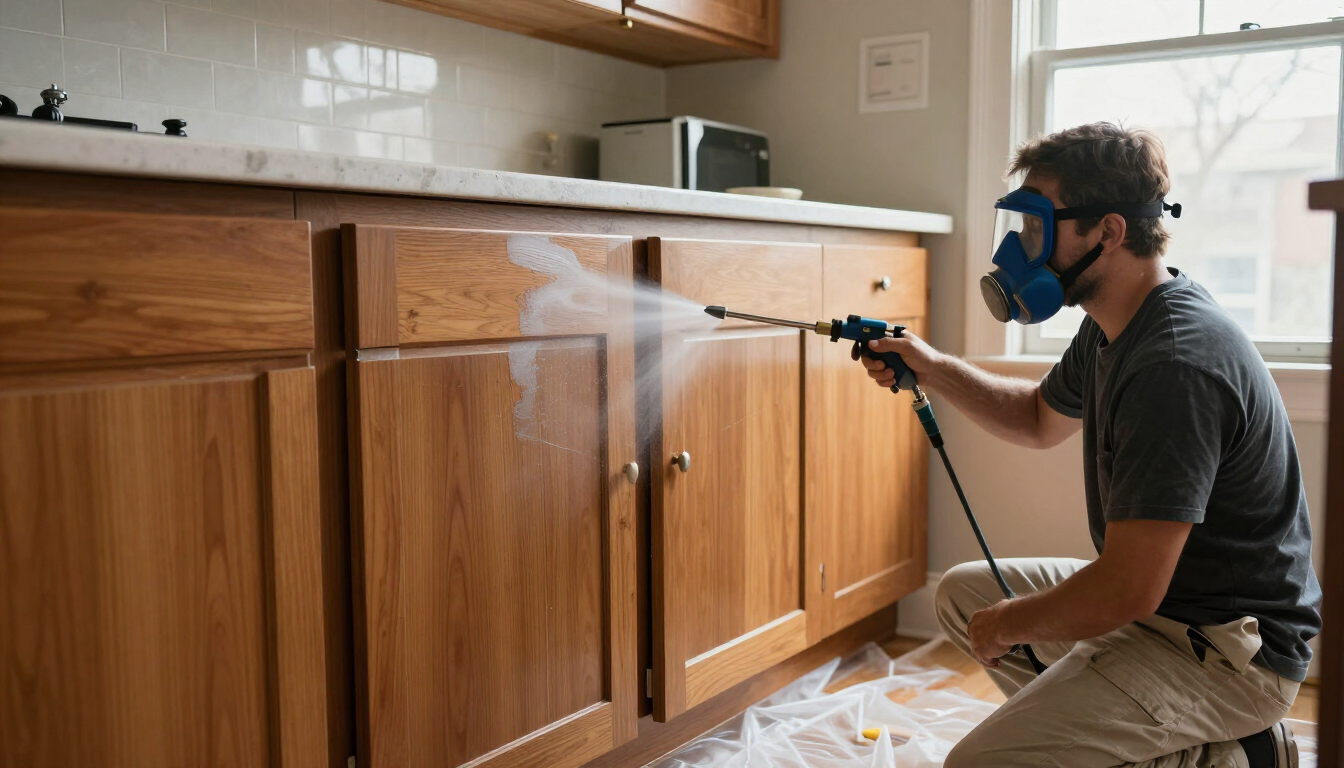 Illustrative image of a painter spraying a durable enamel finish onto original 1950s wood kitchen cabinet doors in a suburban New Jersey home — not a specific Dumont project.