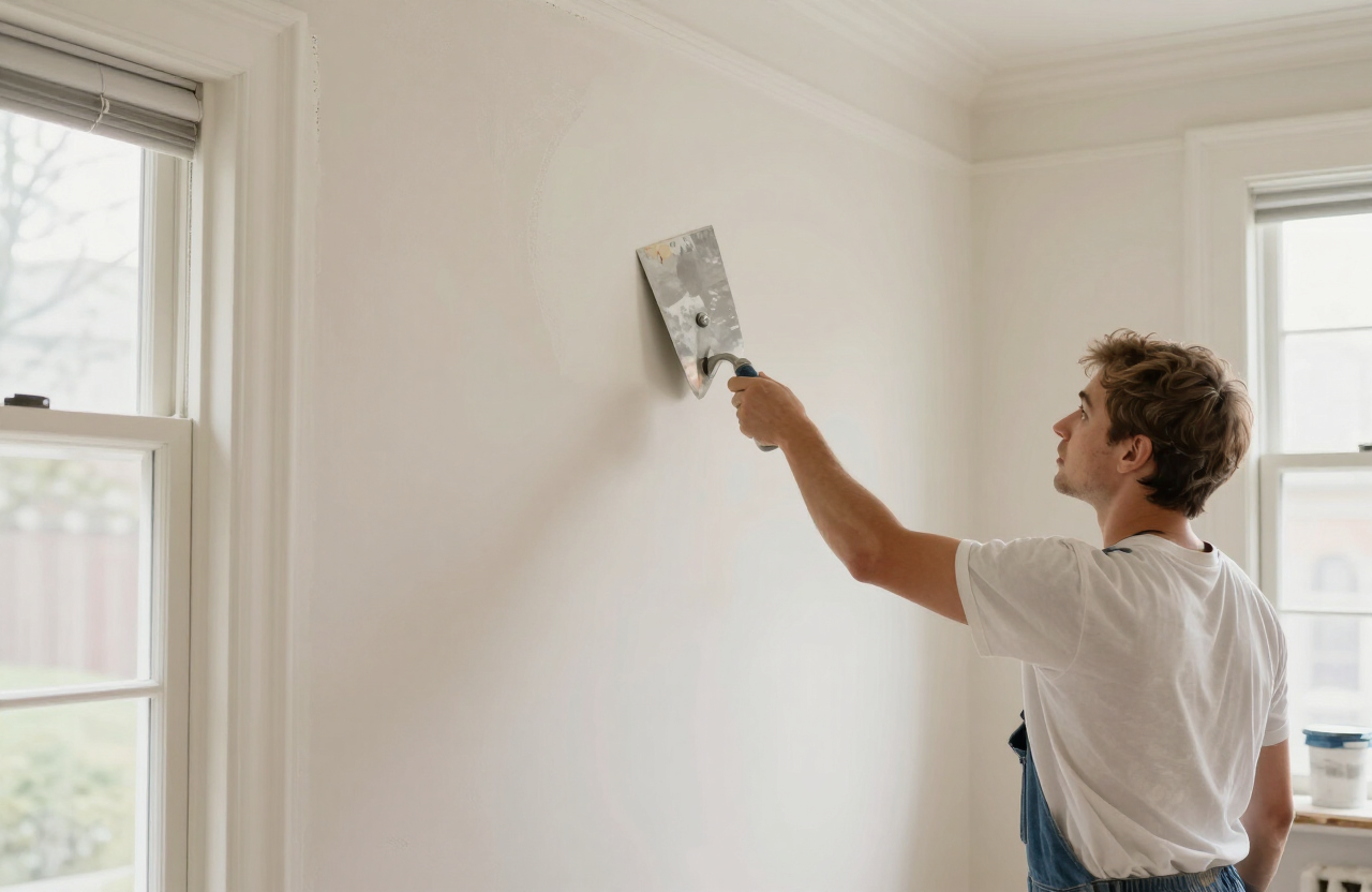 Illustrative painter restoring original plaster walls with skim-coat in a historic Englewood NJ estate interior