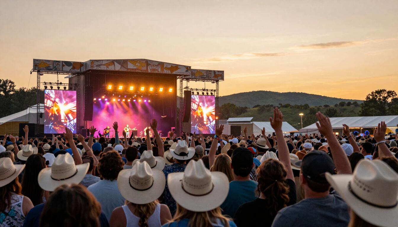 Massive crowd of fans in cowboy hats with hands raised at an outdoor country music festival at golden sunset with warm stage lighting and rolling hills behind