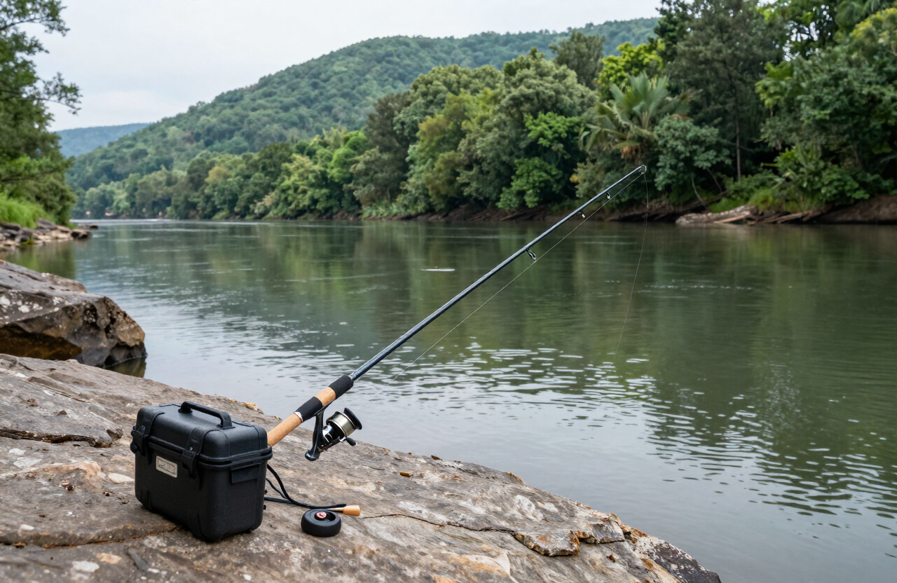 Caña de pescar y aparejos en una orilla rocosa del New River cerca de Fries, Virginia