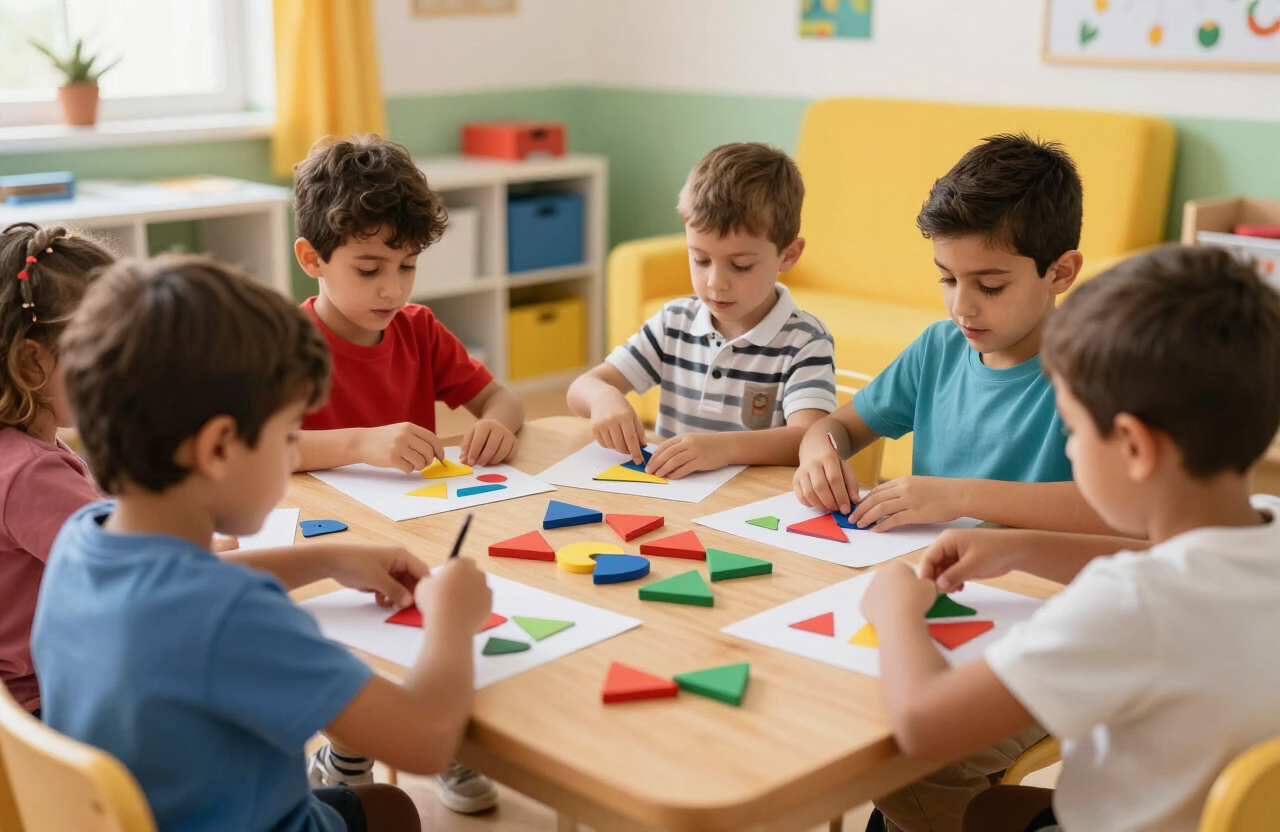 Des enfants de maternelle participent à un atelier ludo-éducatif avec des formes colorées
