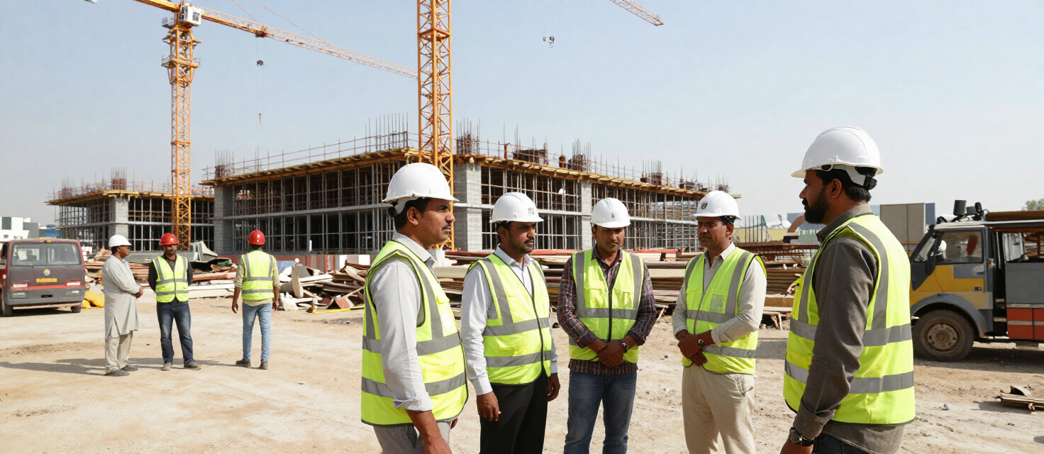 Workers in PPE inspecting safety equipment at an industrial site in Karachi