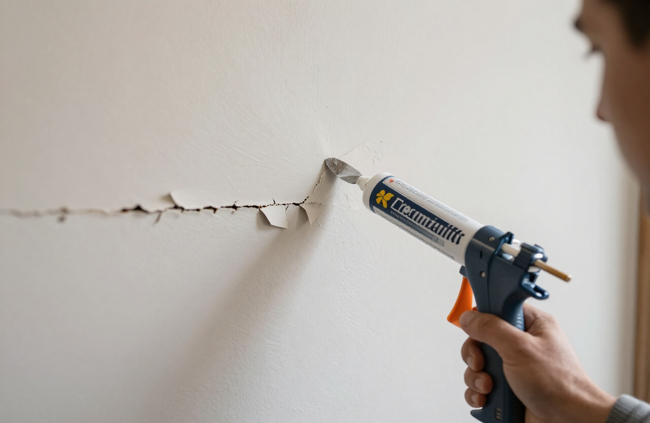 Scraping and caulking cracks on a plaster wall in a Leonia home