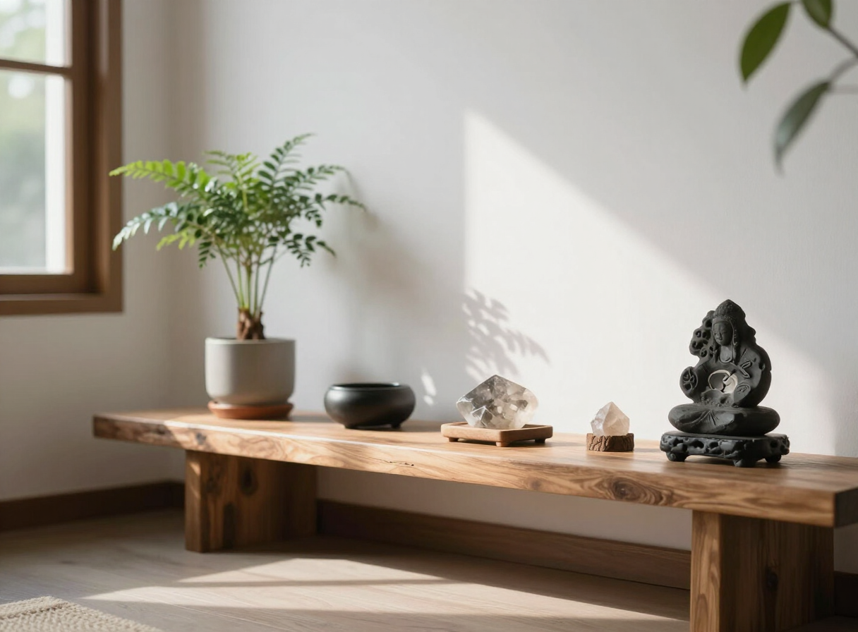 Peaceful feng shui inspired interior space with crystals and plants
