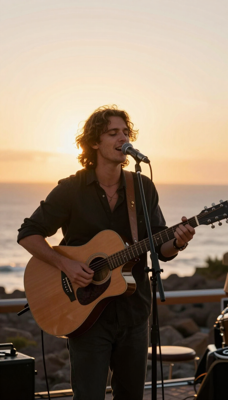 Acoustic guitarist performing at a coastal Tenerife venue at sunset