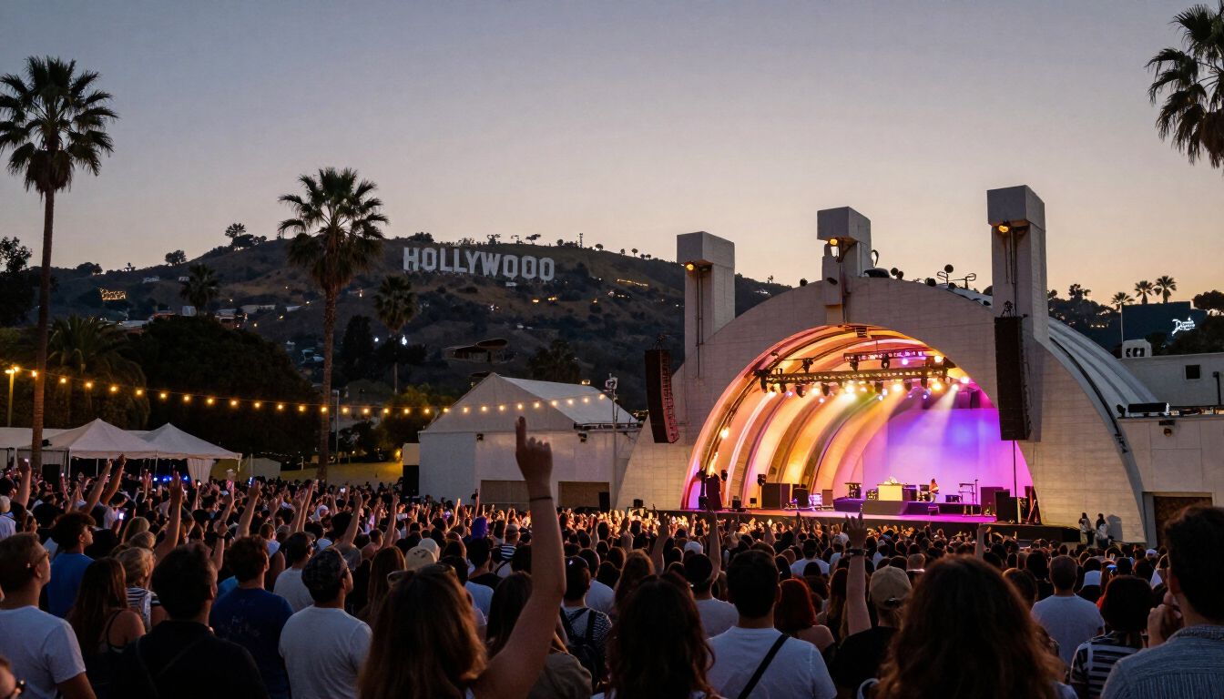 Crowd at an outdoor Los Angeles concert venue at night with stage lights and city skyline in the background