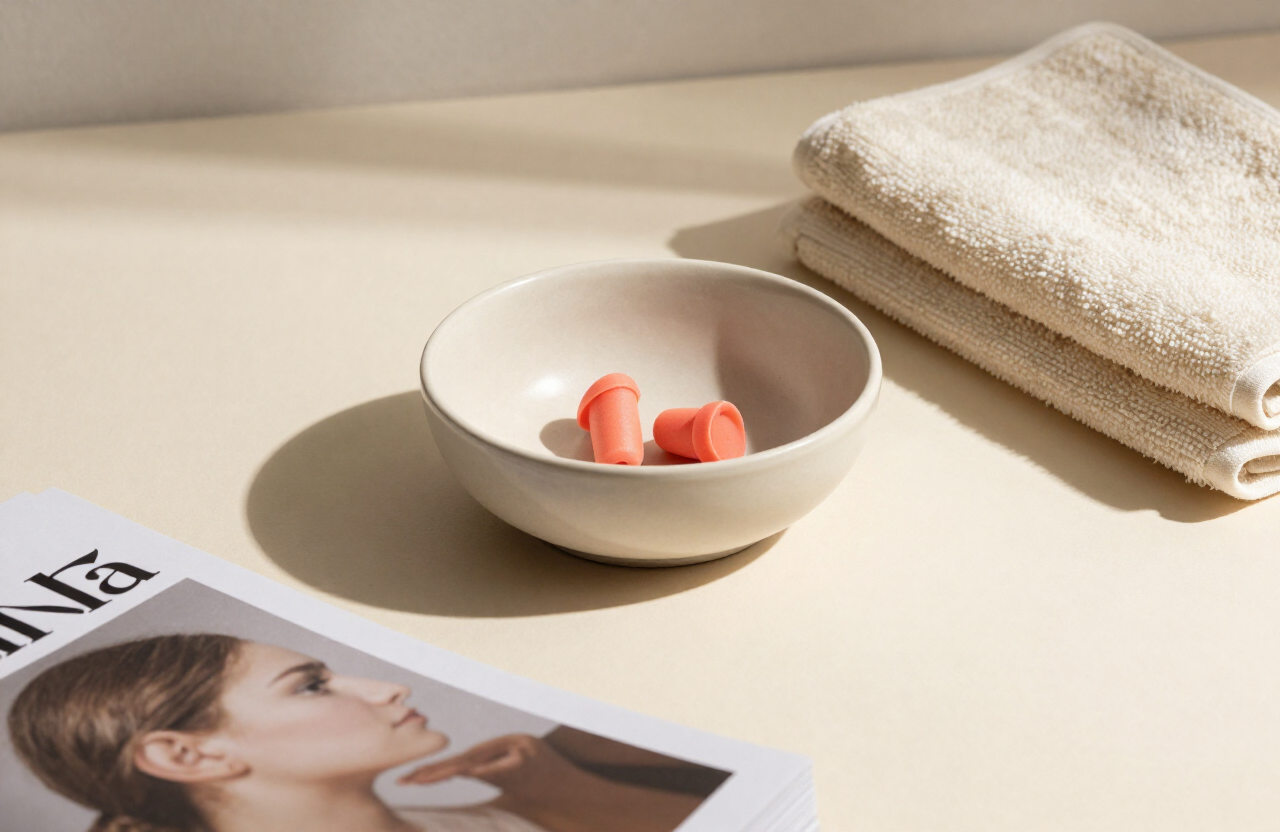 Coral earplugs in a cream ceramic bowl beside a soft towel