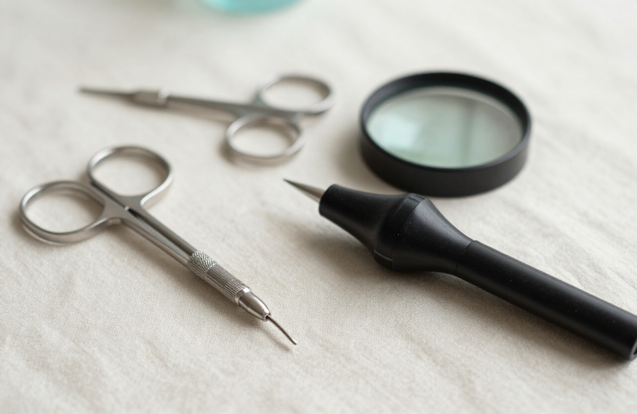 Clean ear care instruments and an otoscope on a soft linen surface