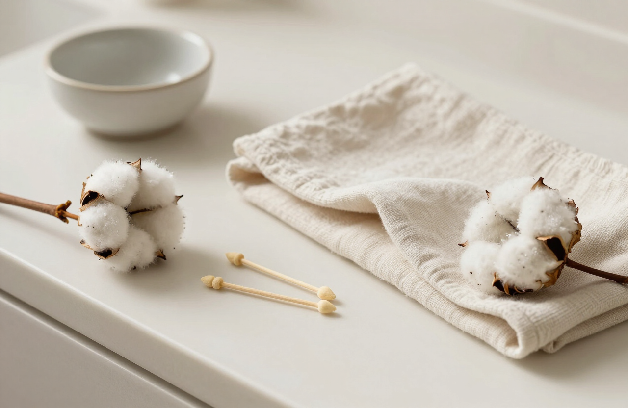 Cotton buds and a soft cloth on a pale cream bathroom surface