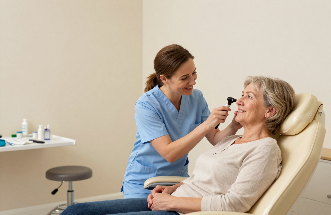 A caring ear care professional gently examining a relaxed patient’s ear