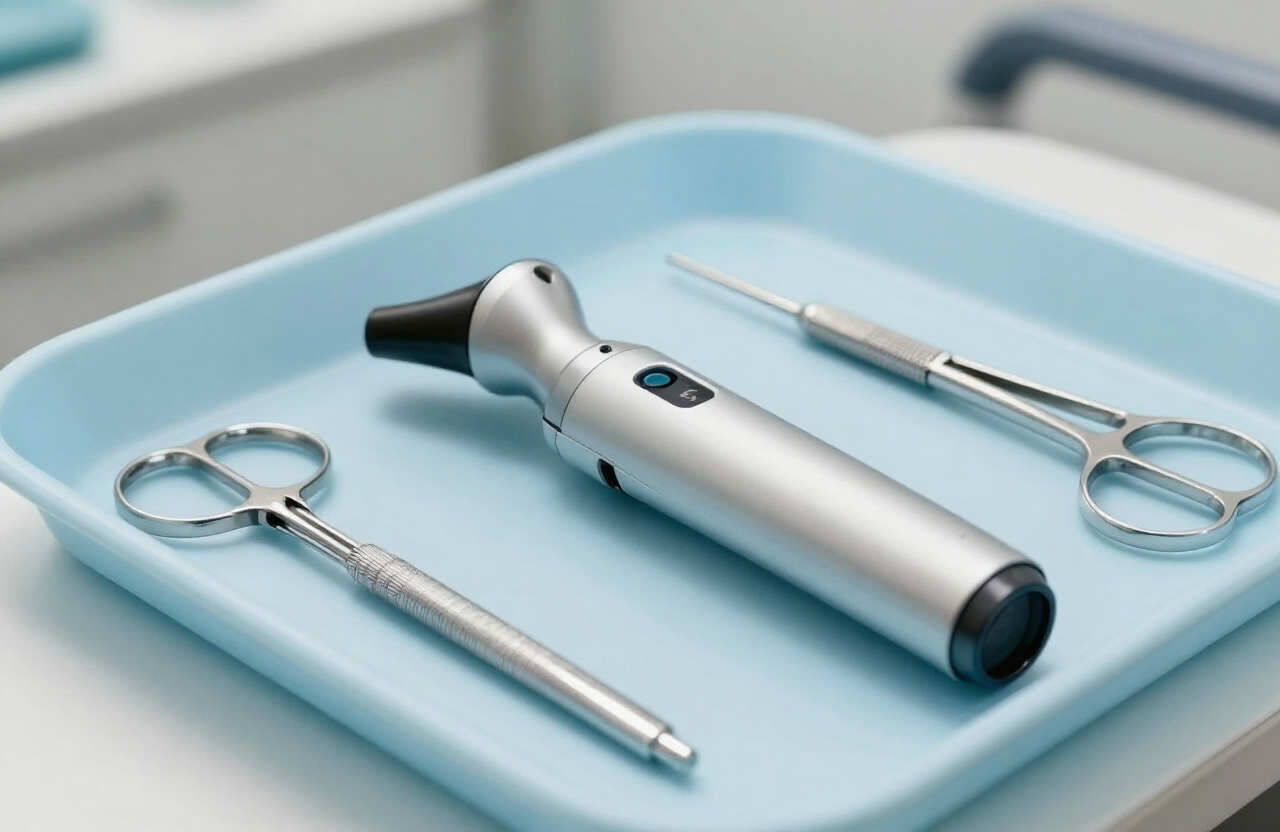 Clean otoscope and medical instruments on a clinical tray
