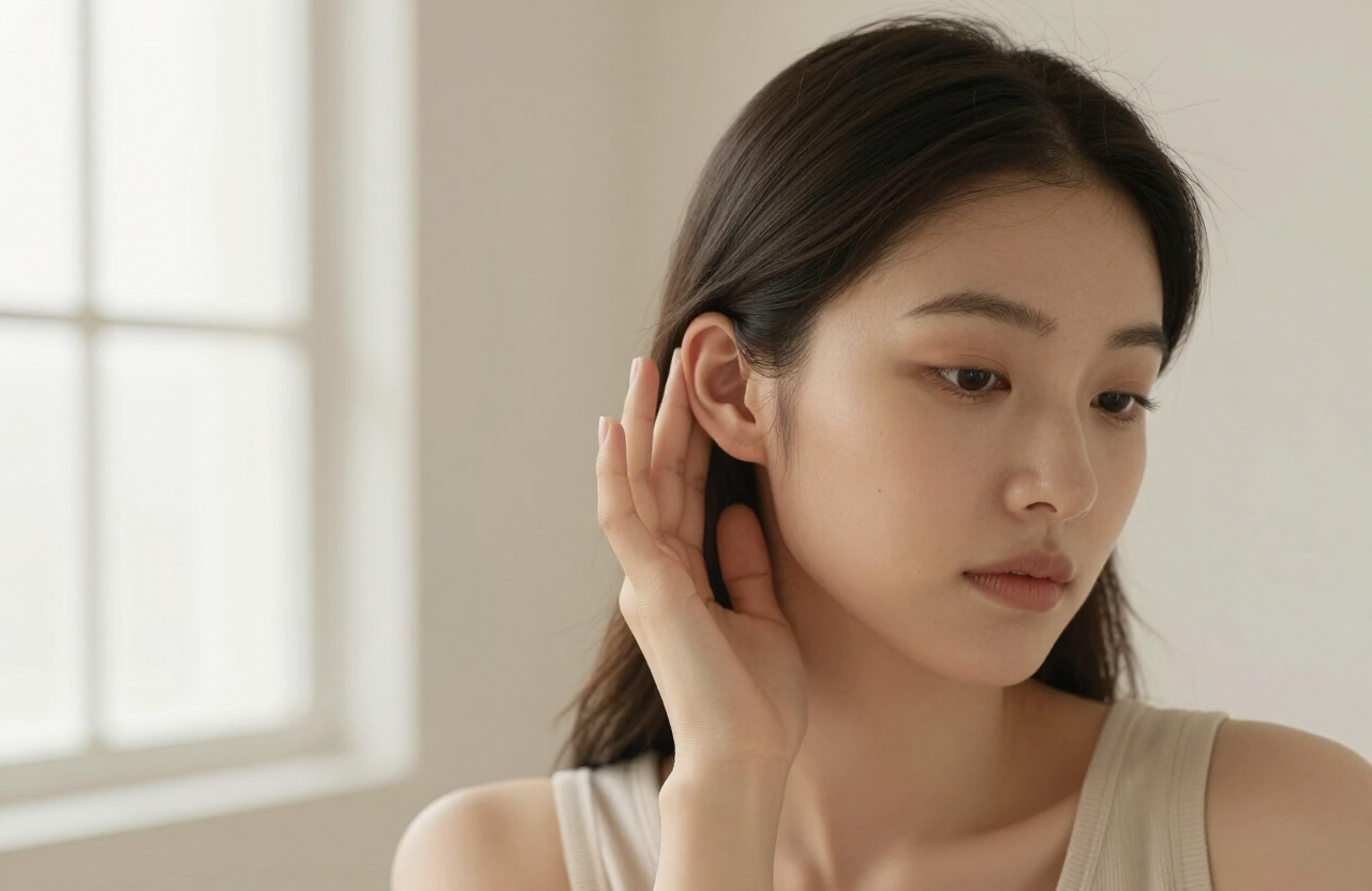 A person gently cupping their ear in soft natural light