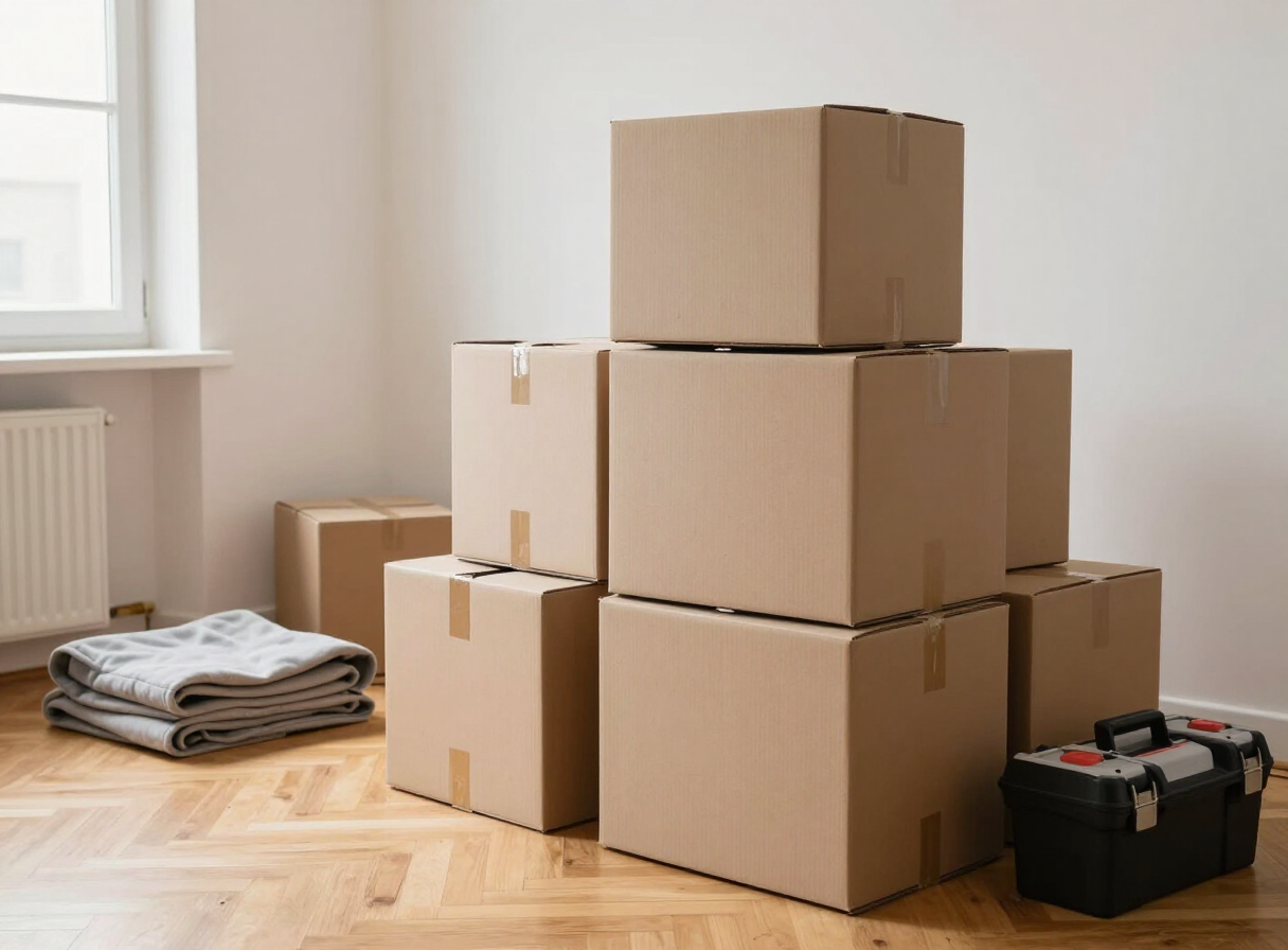 Umzugskartons in einer leeren Ein-Zimmer-Wohnung vor dem Mini-Umzug