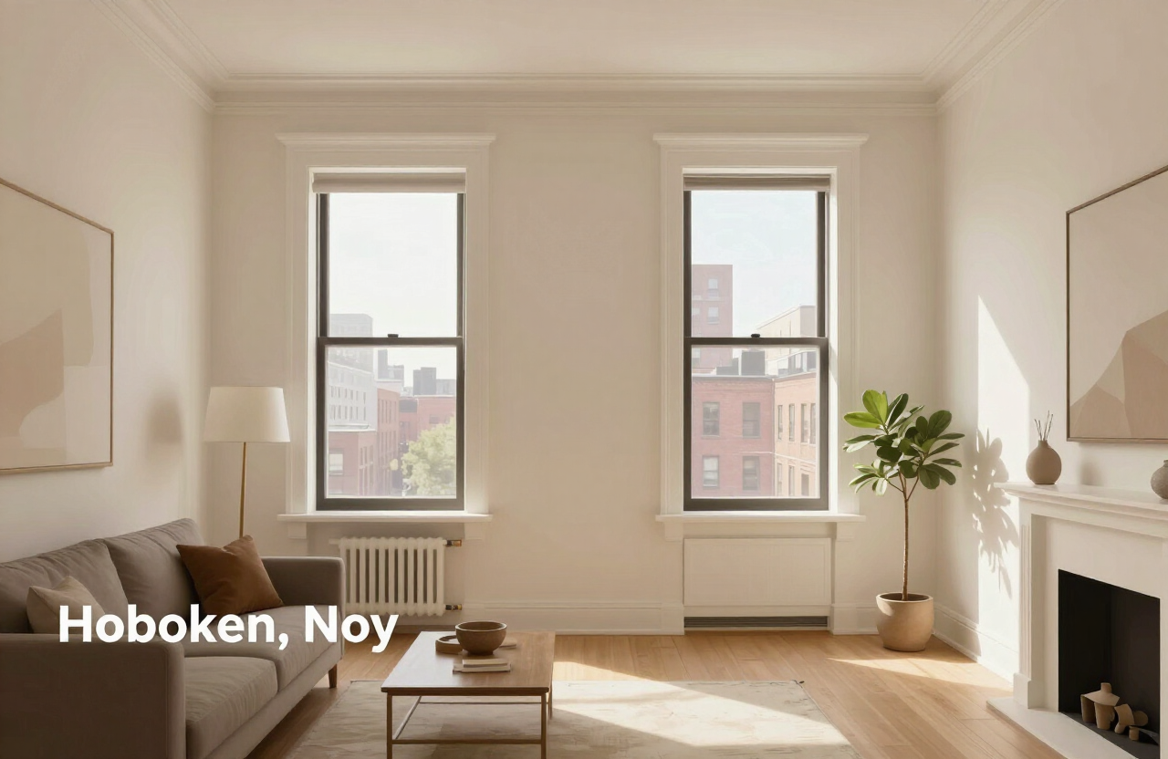 Illustrative finished neutral Hoboken brownstone interior with warm off-white walls, crisp white trim, and soft afternoon city light