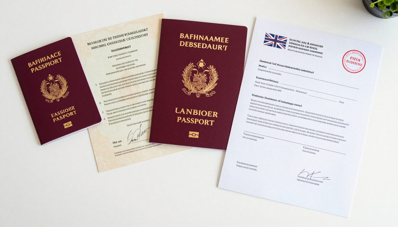 Turkish Documents Required for UK Immigration Applications Turkish official documents — passport, birth and marriage certificates and diploma — arranged beside a UK visa application form and a certified English translation on a London translator’s desk