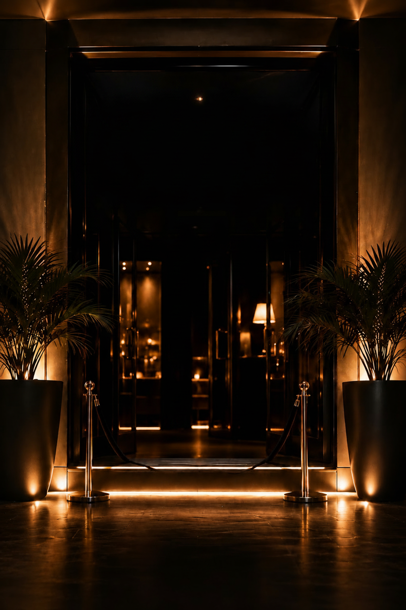 A softly lit brass entrance framed by palms and velvet ropes after dark