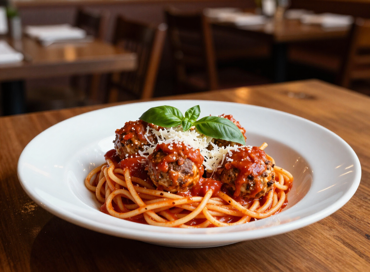Spaghetti and meatballs with marinara, fresh basil and grated parmesan