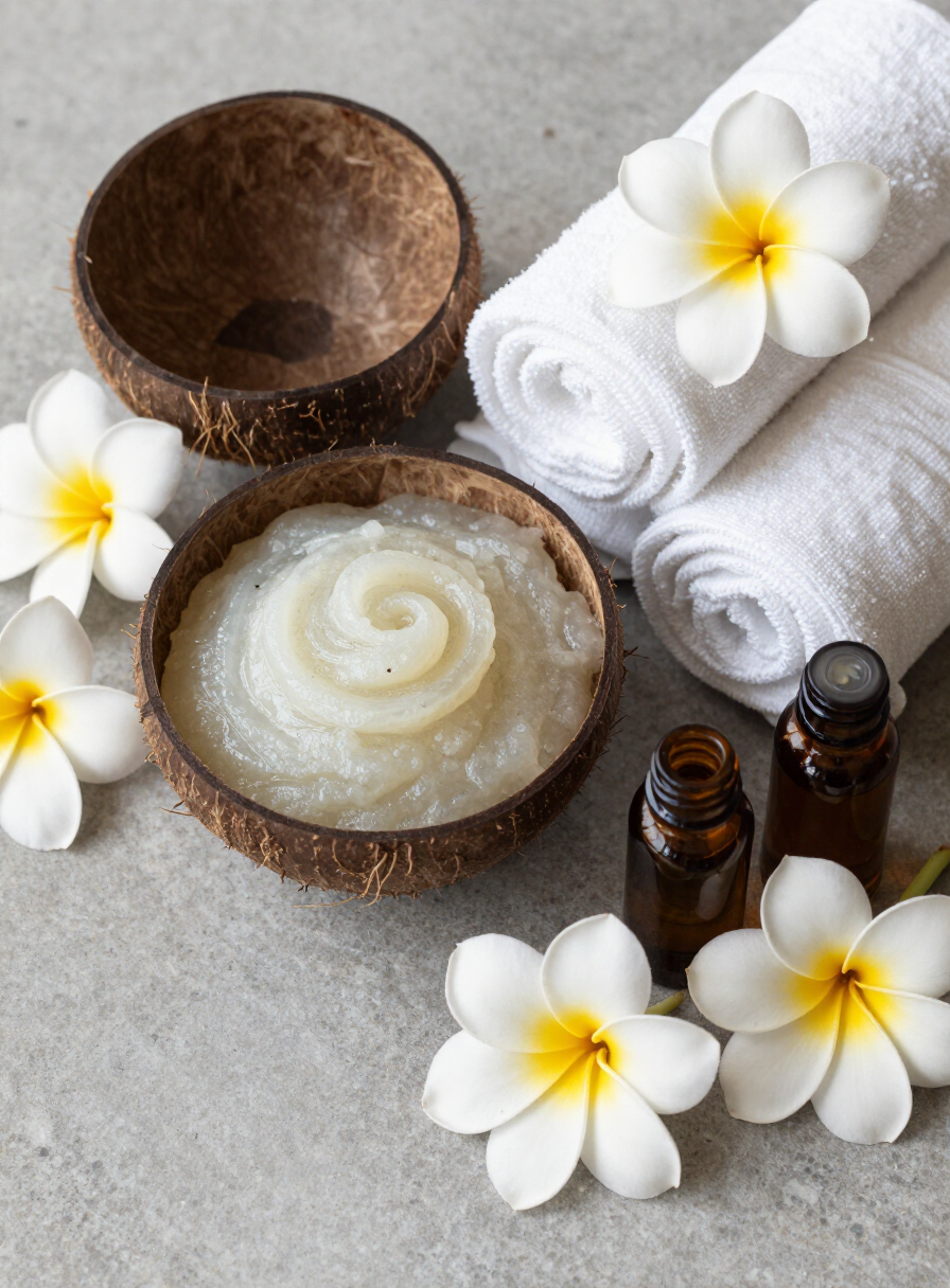 Flat lay of a complete beauty package with facial mask, body scrub, towels and frangipani in a Bali spa