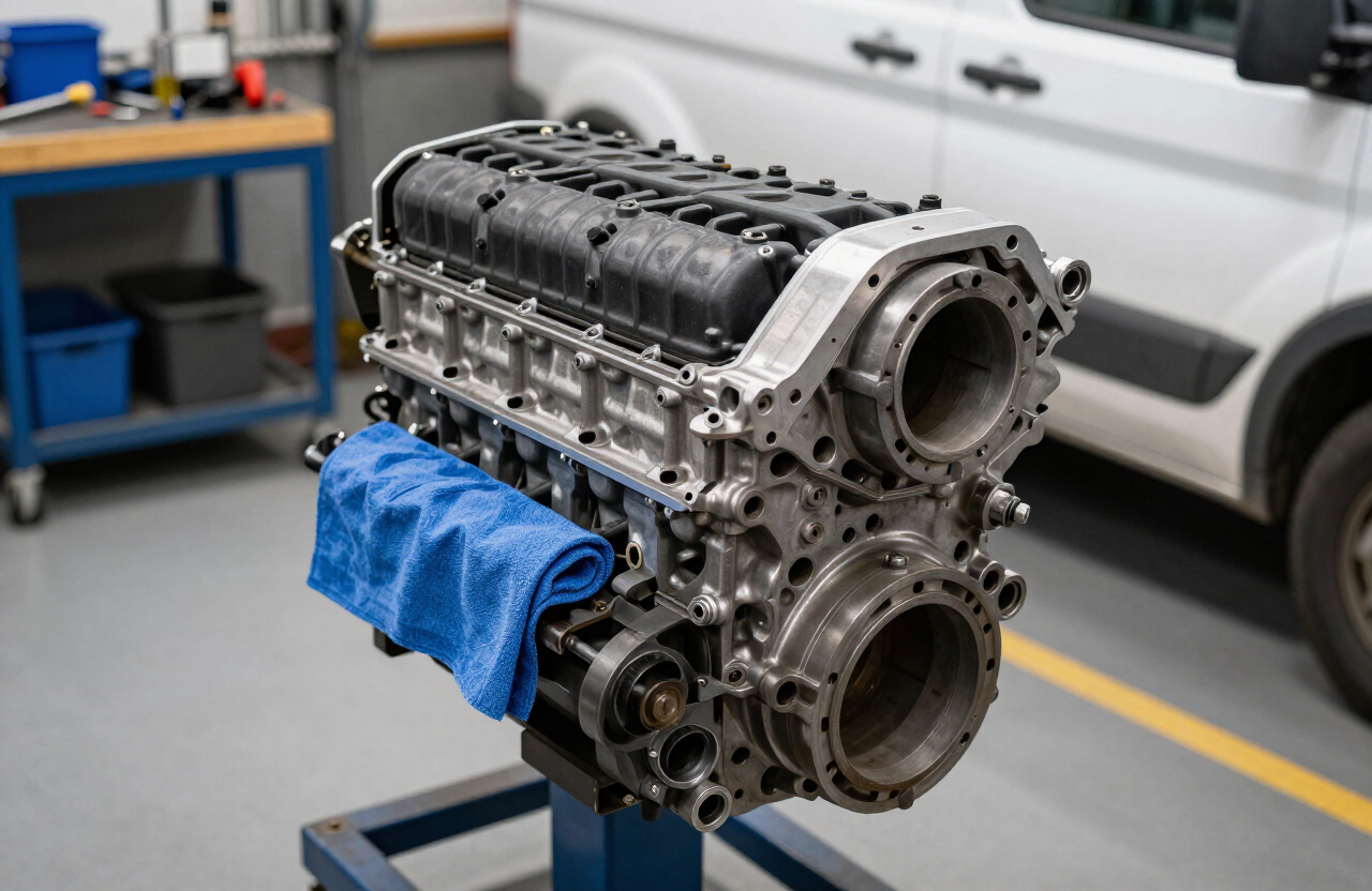 Reconditioned Ford diesel engine in a workshop